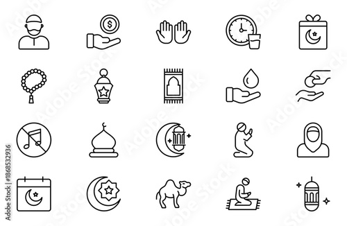 Ramadan line icon set. Contain linear outline icons like Islam, Eid Mubarak, Mosque, Muslim, Ramadhan, Mecca, Lantern, Camel, Quran, Pray. Thin outline icons pack. Vector illustration