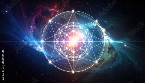 Geometric Sacred Geometry Pattern in Space with Nebula Background.