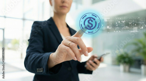 Businesswoman press money button. Payment transaction online technology