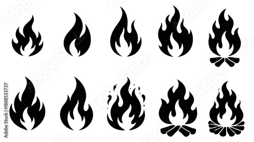 Modern silhouette fire icon set featuring various flame and campfire shapes for energy and hazard concepts