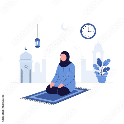 Serene Muslim woman in hijab meditating on prayer mat at home
