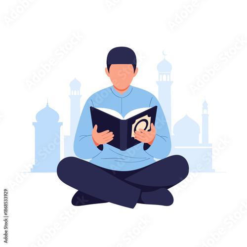 Man reading book in front of mosque, peaceful and serene atmosphere