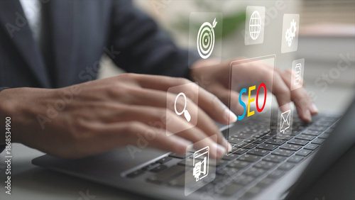 Φωτογραφία Digital SEO with data analytics, keyword research, search ranking and optimization process