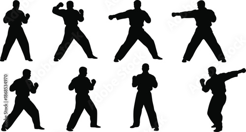 Martial arts silhouettes collection, karate fighters practicing defensive stances, kicks, and punches, sport combat training set for taekwondo or judo fitness exercise design,