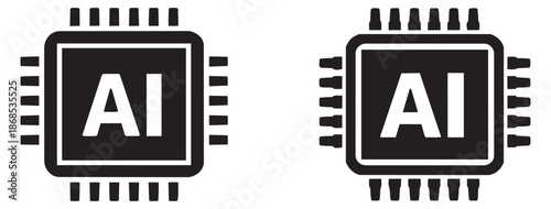 Solid black icon set featuring artificial intelligence processors with 'AI' text for technology concepts