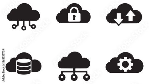Solid style cloud computing icon set featuring security, storage, data transfer, and networking for digital services