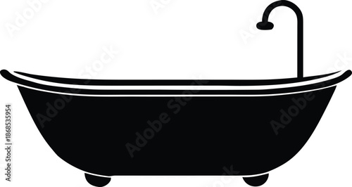 Clawfoot bathtub black silhouette icon, Vintage freestanding bath fixture symbol