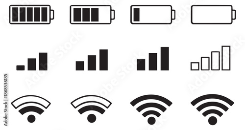 Minimalist line art icon set featuring battery charge, signal strength, and Wi-Fi connection indicators for mobile device user interface