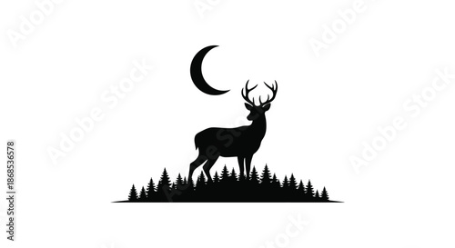 Majestic stag stands beneath a crescent moon among trees a striking silhouette