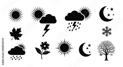Weather icons and seasonal elements depicted in a striking black silhouette