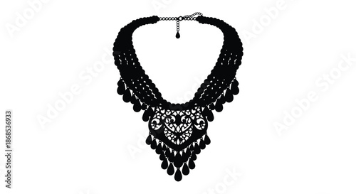 Intricate black necklace design detailed pendant and strands isolated on a white background silhouette