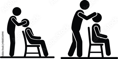 Iconography of a barber cutting hair for two clients