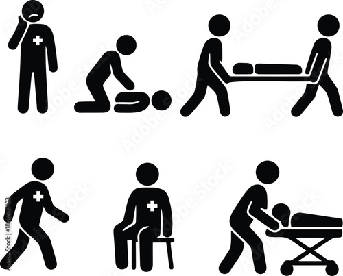 Medical emergency and patient care icons with plus sign