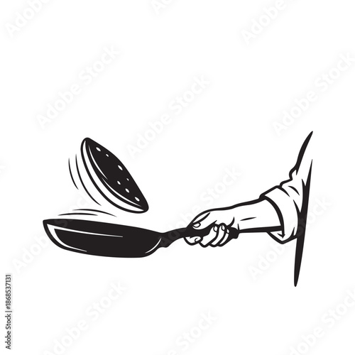 Chef Hand Flipping Pancake in Pan Black and White Retro Illustration