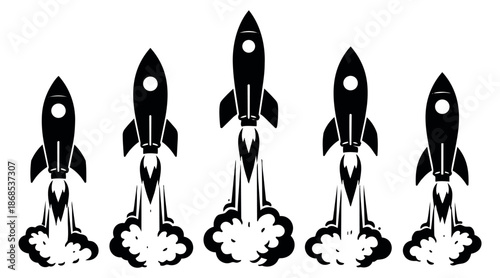 Graphic rocket illustrations set featuring rockets taking off for startup and success concepts