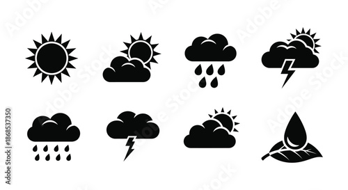 Collection of weather icons depicting sun clouds rain and lightning a silhouette