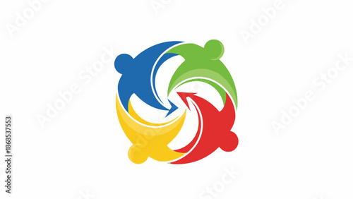 Diverse Team of Four Interconnected People Forming a Circle Logo on Isolated White Background
