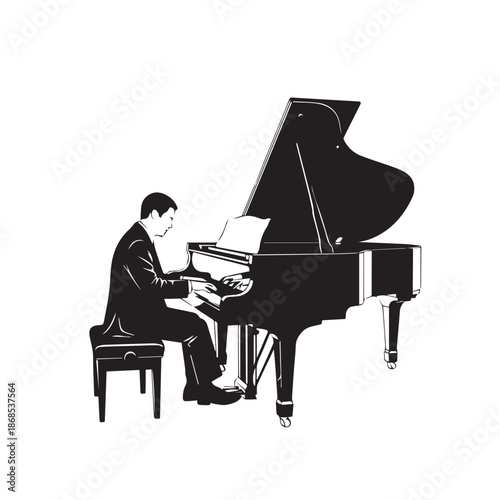 Pianist Playing Grand Piano Black and White Vector Illustration