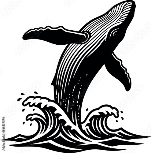 Whale breaching and waves vector illustration silhouette cricut design