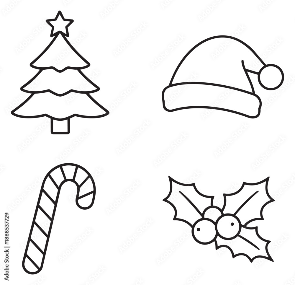 Fototapeta premium Line art Christmas symbols set featuring a tree, Santa hat, candy cane and holly for festive designs
