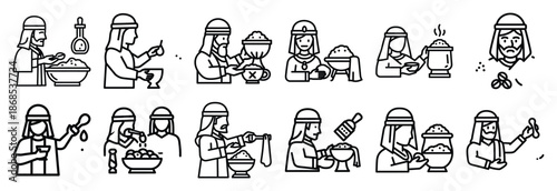 biblical sacrifice preparation Outline Icon Set. Maundy Thursday line art icons