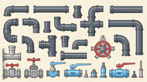 Set of Industrial Metal Pipe Fittings and Valves on Bright Studio Background