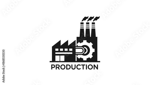 Industrial Production Factory Icon with Gear and Smoke Stacks on Isolated White Background