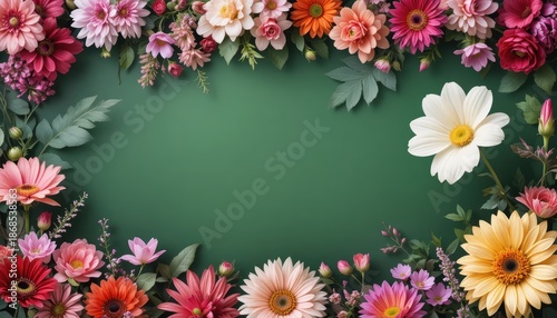 Colorful Floral Arrangement on Green Background with Vibrant Flowers in Various Shades