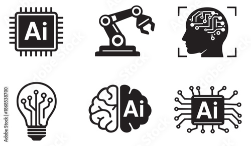 Modern artificial intelligence icons set featuring microchips, a robotic arm, human head, lightbulb, and brain illustrations for digital transformation and futuristic design projects
