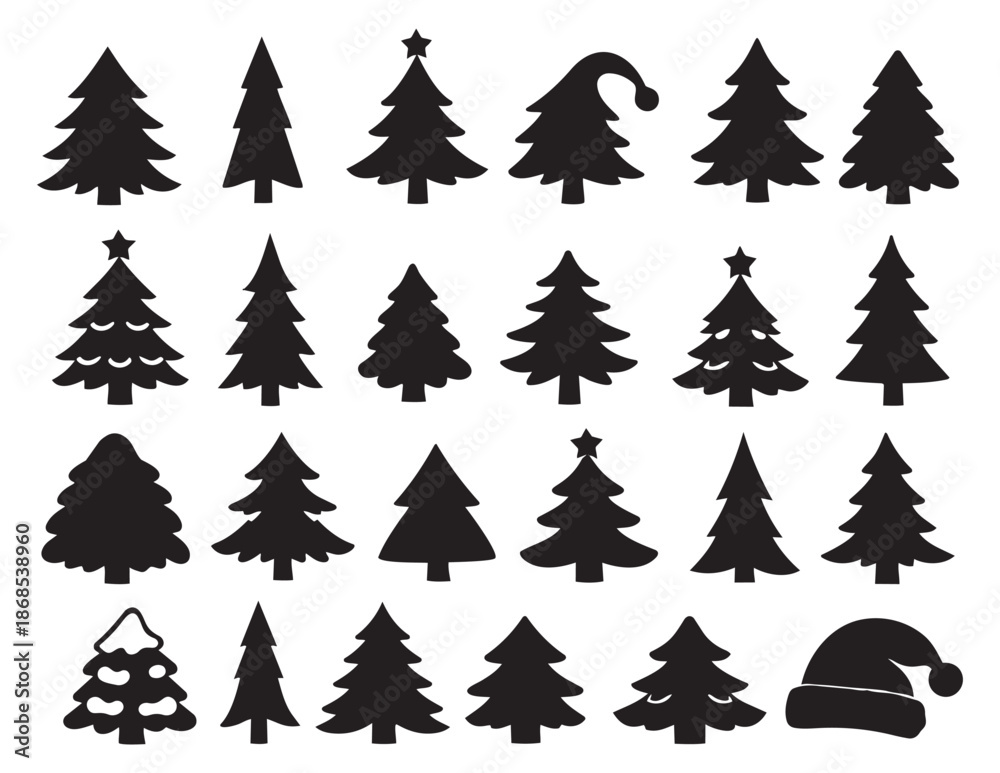 Fototapeta premium Silhouette Christmas tree set featuring various festive shapes and a Santa hat for holiday designs