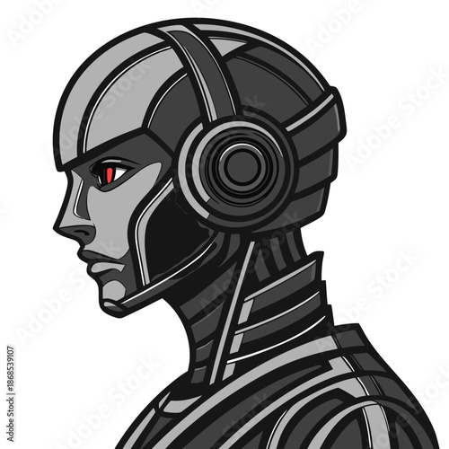 Futuristic Profile: An imposing, sleek cyborg profile in monochrome, with a piercing red eye that hints at artificial intelligence and the future of technology. 
