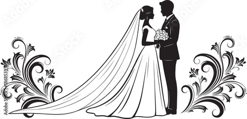 Elegant Wedding Couple Silhouette with Long Bridal Veil and Ornate Floral Borders for Marriage Invitation Design