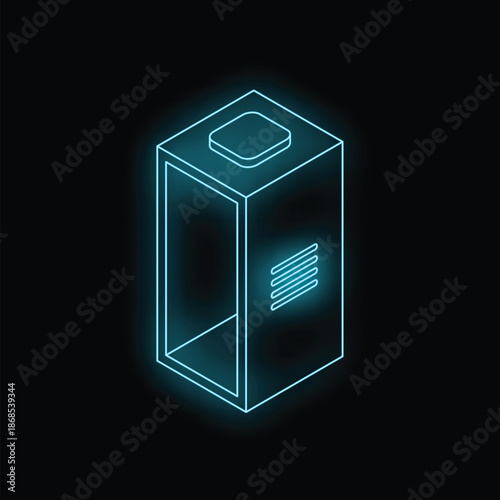 Glowing blue elevator icon on black background, isometric view