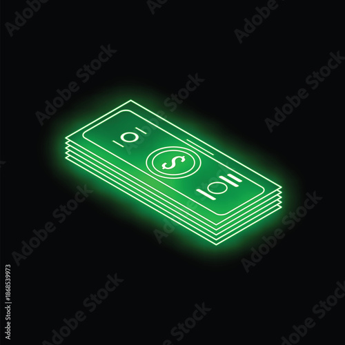 Neon green stack of dollar bills is glowing on a black background