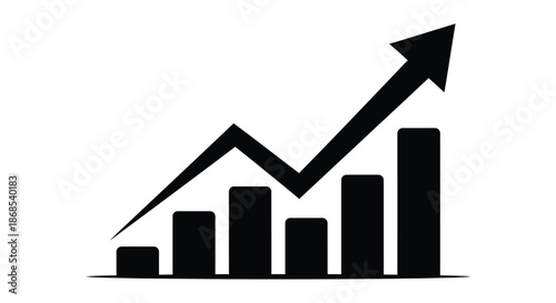 A simple graphic depicting growth with a rising arrow and bar chart silhouette