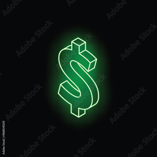Green neon dollar sign glowing on a black background representing finance and wealth