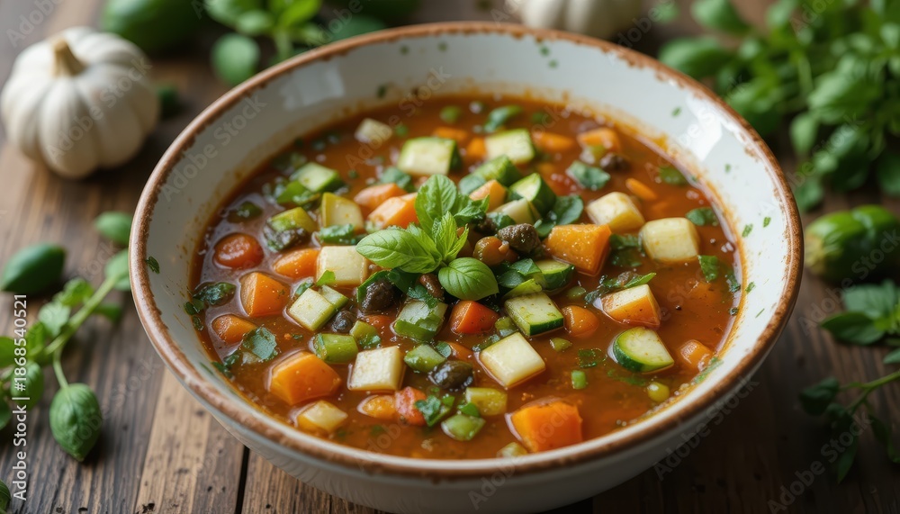 custom made wallpaper toronto digitalBowl of Fresh Vegetable Soup Garnished with Herbs on Wooden Table Surrounded by Ingredients