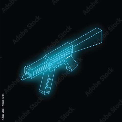 Neon blue outline of an assault rifle, shown in isometric right view, isolated on a black background