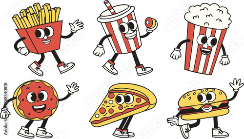 Retro Cartoon Fast Food Characters Embody Vibrant And Funky Vibes. A colorful cartoon vector illustration set of cute anthropomorphic fast food characters.  French Fries, Hot Dog, Cola And Pizza. Pop 