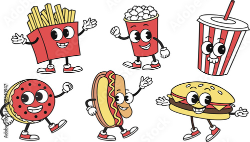Retro Cartoon Fast Food Characters Embody Vibrant And Funky Vibes. A colorful cartoon vector illustration set of cute anthropomorphic fast food characters.  French Fries, Hot Dog, Cola And Pizza. Pop 