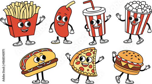Retro Cartoon Fast Food Characters Embody Vibrant And Funky Vibes. A colorful cartoon vector illustration set of cute anthropomorphic fast food characters.  French Fries, Hot Dog, Cola And Pizza. Pop 
