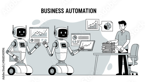 Robots assisting human worker with office tasks and data analysis.