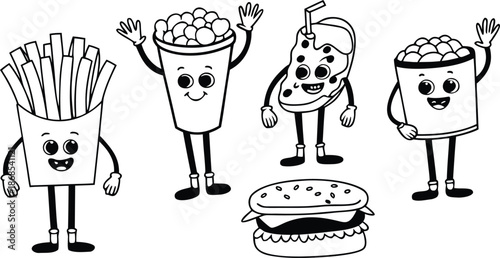 Retro Cartoon Fast Food Characters Embody Vibrant And Funky Vibes. A colorful cartoon vector illustration set of cute anthropomorphic fast food characters.  French Fries, Hot Dog, Cola And Pizza. Pop 