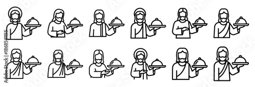 jesus serving Outline Icon Set. Maundy Thursday line art icons