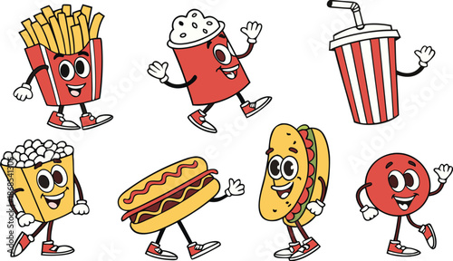 Retro Cartoon Fast Food Characters Embody Vibrant And Funky Vibes. A colorful cartoon vector illustration set of cute anthropomorphic fast food characters.  French Fries, Hot Dog, Cola And Pizza. Pop 