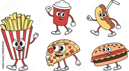 Retro Cartoon Fast Food Characters Embody Vibrant And Funky Vibes. A colorful cartoon vector illustration set of cute anthropomorphic fast food characters.  French Fries, Hot Dog, Cola And Pizza. Pop 