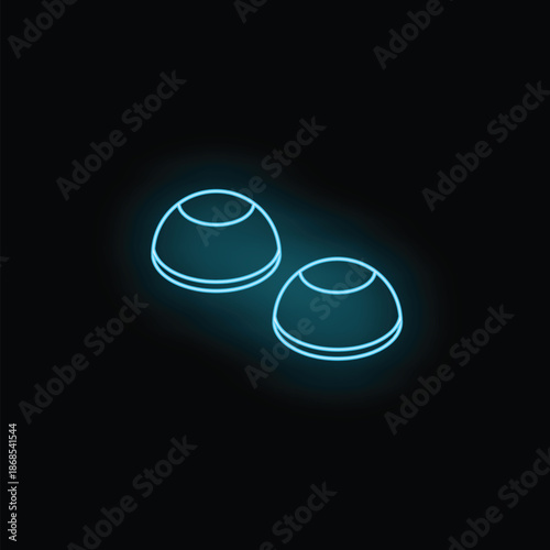 Blue neon icon of two contact lenses glowing on dark background, great for optometrist