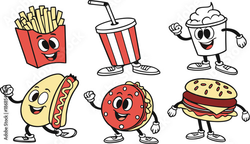 Retro Cartoon Fast Food Characters Embody Vibrant And Funky Vibes. A colorful cartoon vector illustration set of cute anthropomorphic fast food characters.  French Fries, Hot Dog, Cola And Pizza. Pop 