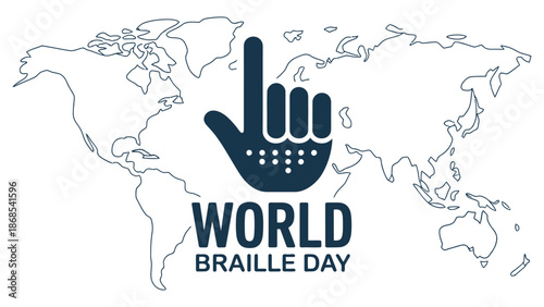 World braille day illustration with hand braille symbol and global world map promoting accessibility inclusion and awareness