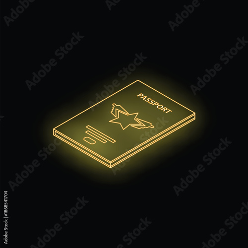 Neon passport glowing on a dark background representing international travel and tourism